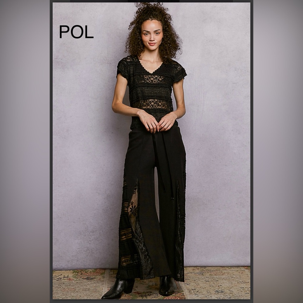 BPB217-9🖤NEW! POL spectacular black tie waist pants w/lace inset bottoms! wow! - Picture 5 of 7